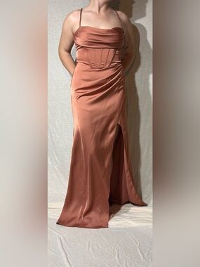 Azazie Satin Maxi Dress in Bronzer (Cedar Rose) with Side Slit